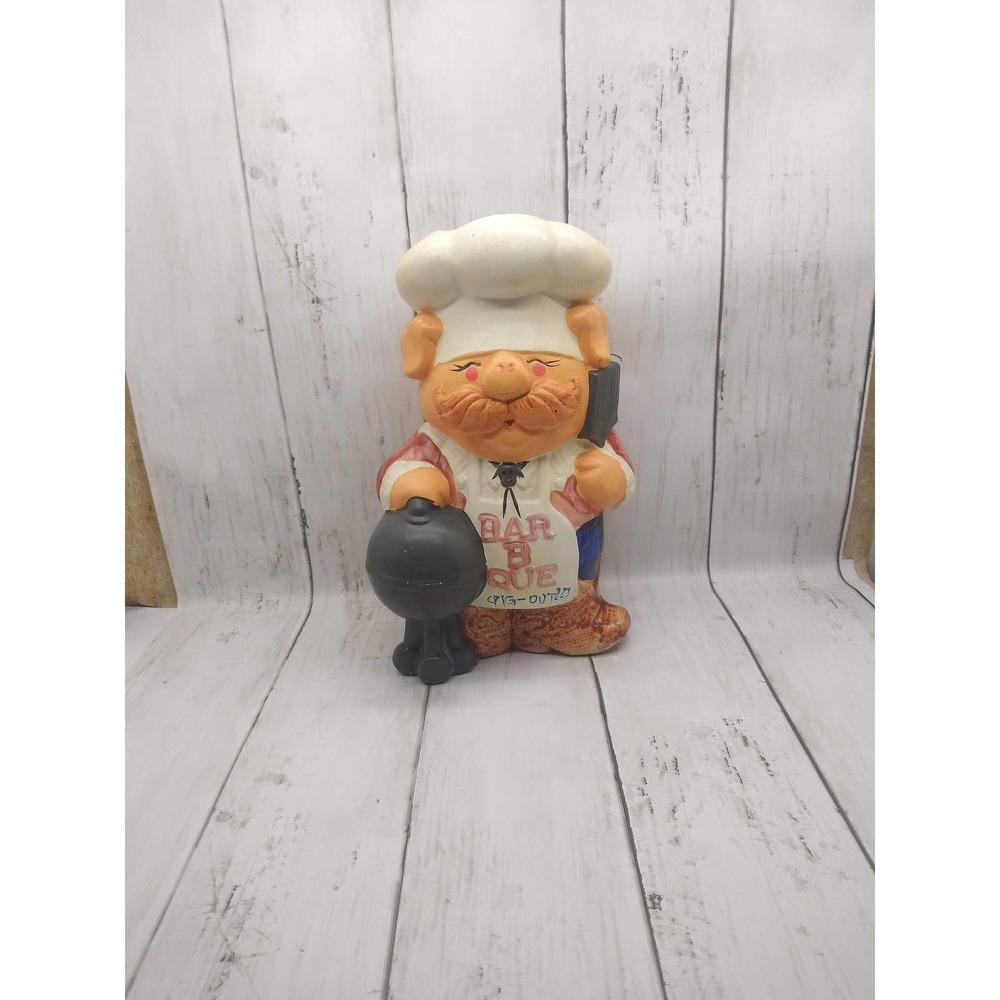 Vintage Bar-b-Que Chef Pig Kitchen Utensil Jar 1970s Ceramic Pig in Cowboy Boots